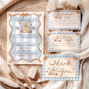Baby Shower Invitation Bundle, Winnie The Pooh Blue Invite,  Editable Canva Template for Classic Pooh Fall, Digital Mobile Evite Gingham