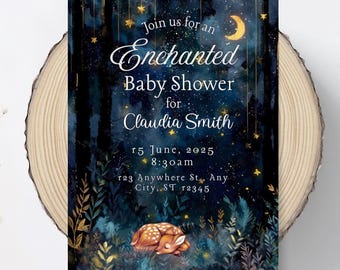 Woodland Baby Shower Invitation, Woodland Animal Baby Shower Invite, Baby Deer Sleeping Woodland Animal Canva Template Mobile Evite