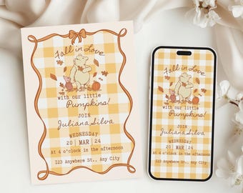 Fall Winnie the Pooh Baby Shower Invitation Yellow: Editable Canva Template (Digital Download)