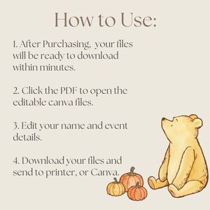 May include: An instructional graphic with the heading How to Use: followed by four numbered steps for downloading and editing digital files. A yellow bear illustration sits next to three orange pumpkins on a light beige background.