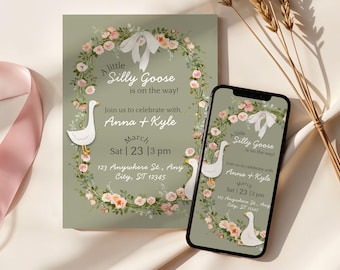 Silly Goose Baby Shower Invitation Pink, Editable Canva Template, Mobile Evite Little Silly Goose