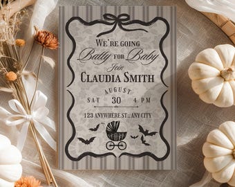Gothic Baby Shower Invitation: Batty for Baby, Halloween Evite (Canva Editable, Digital Download)