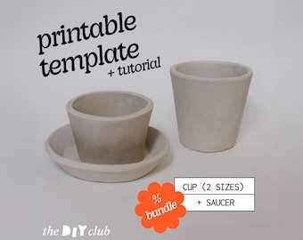 Pottery Template Coffee Cup Bundle: Stackable Tea Mug SET with Saucer (DIY Ceramics Tutorial + printable PDF Pattern)
