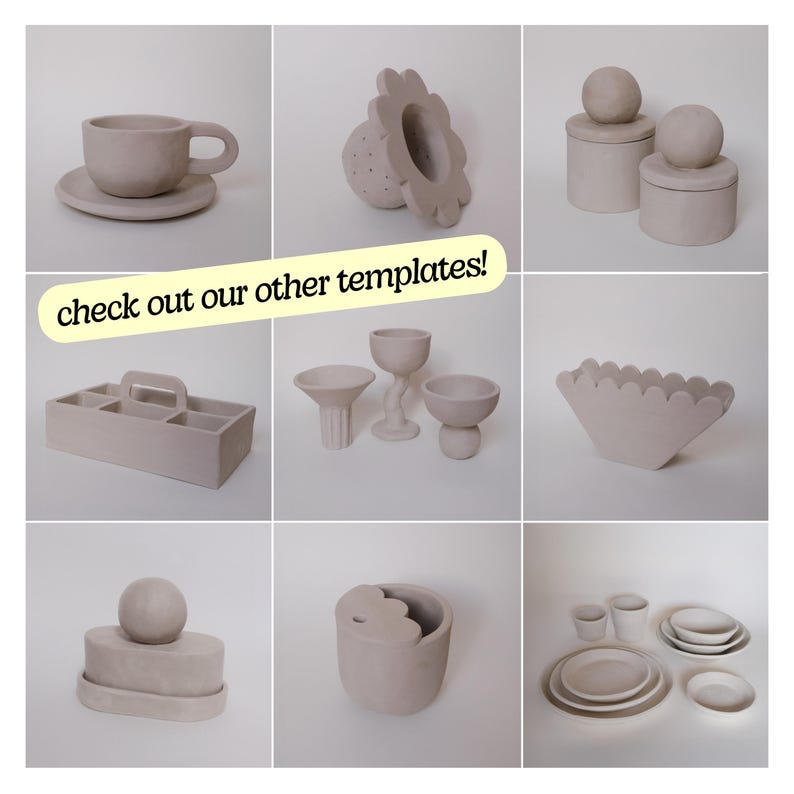 May include: A collection of handmade, light gray ceramic items. The image includes a teacup and saucer, a flower-shaped object, lidded jars, a caddy, various bowls, and plates. Text in a yellow banner reads "check out our other templates!"