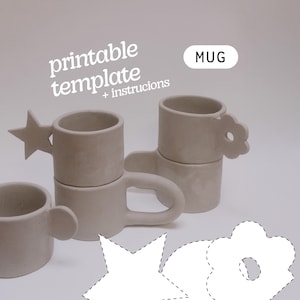 May include: Several beige ceramic mugs with unique handle designs, including a star, a flower, and a simple loop. The image also features the text "printable template + instructions" and the word "MUG".