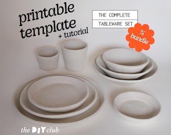 Pottery Template COMPLETE tableware set: Clay Dinnerware Bundle - Plate, Bowl, Cup (DIY Ceramics Tutorial + printable PDF Pattern)
