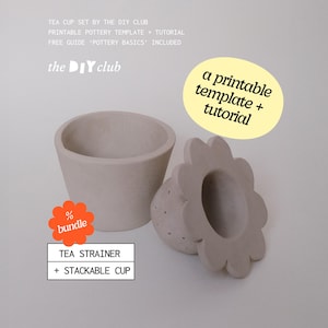 May include: A light gray tea cup set includes a stackable cup and a flower-shaped tea strainer. The set is part of a bundle and includes a printable pottery template and tutorial. The DIY Club logo is visible.