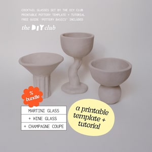 May include: Three unglazed ceramic cocktail glasses: a martini glass, a wine glass, and a champagne coupe. The set includes a printable pottery template and tutorial. The DIY Club logo is visible.