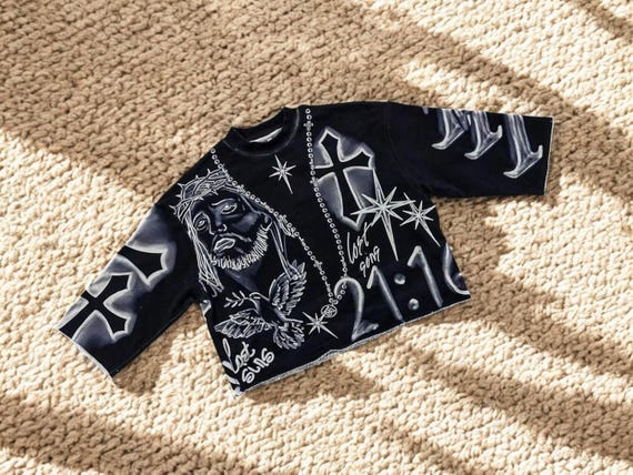 Men's Streetwear T-Shirt | Retro Tie Dye Cross | Oversized Cropped Graphic Top | Stylish Three Quarter Sleeve | Loose Fit Style