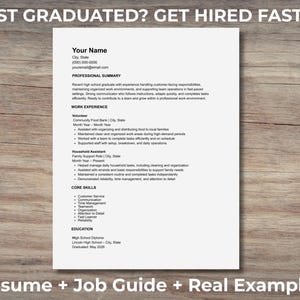May include: A white resume template with the text "Your Name" and sections for professional summary, work experience, core skills, and education. The text "JUST GRADUATED? GET HIRED FASTER" is at the top. The bottom text reads "Resume + Job Guide + Real Examples".
