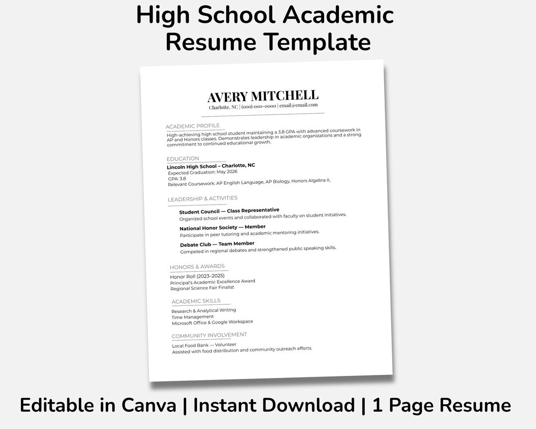 High School Resume Template | Editable Student Academic CV Canva ...