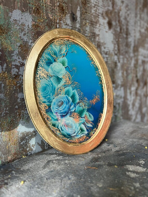 Hand-Painted Blue Roses Wall Art: One-of-a-Kind Home Accent
