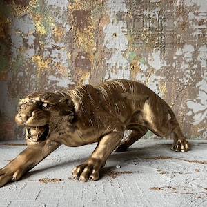 Decorative Tiger Sculpture Handmade from Resin, Wild Animal Statue for Shelf Decor, Jungle Themed Modern Home Accent