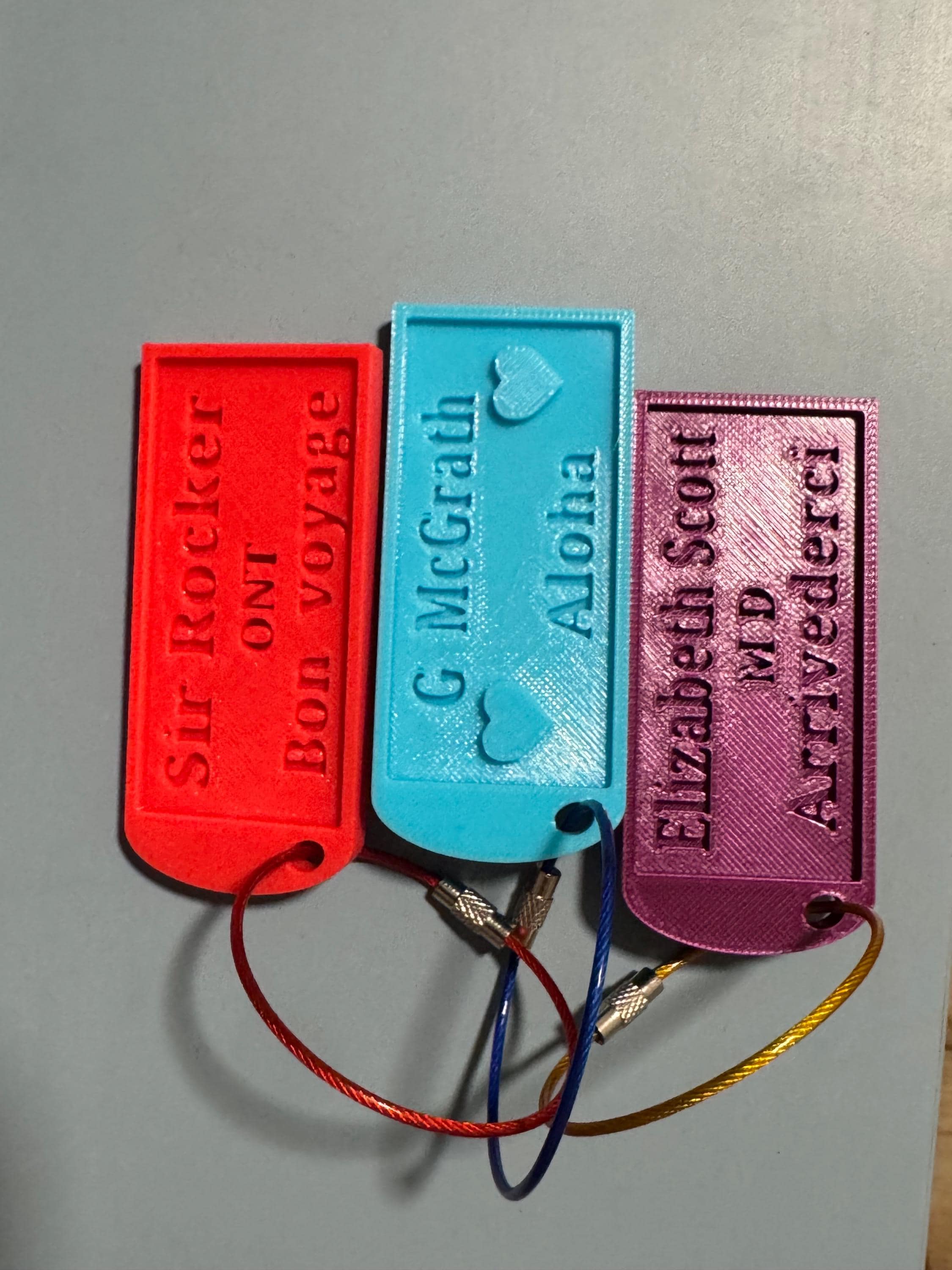 Personalized, 3D printed luggage tags. Standard pricing 3 for 21.99. Until 4-26-26, you can get 4 luggage tags for the same great price.