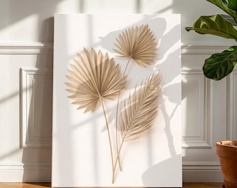 Neutral Boho Palm Leaf Canvas Art, Minimalist Beige Botanical Print, Coastal Decor