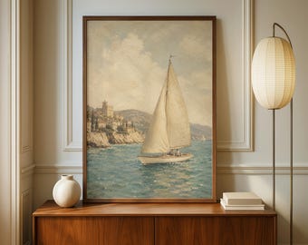 Impressão vintage de veleiro | Arte de parede costeira mediterrânea (Download digital)