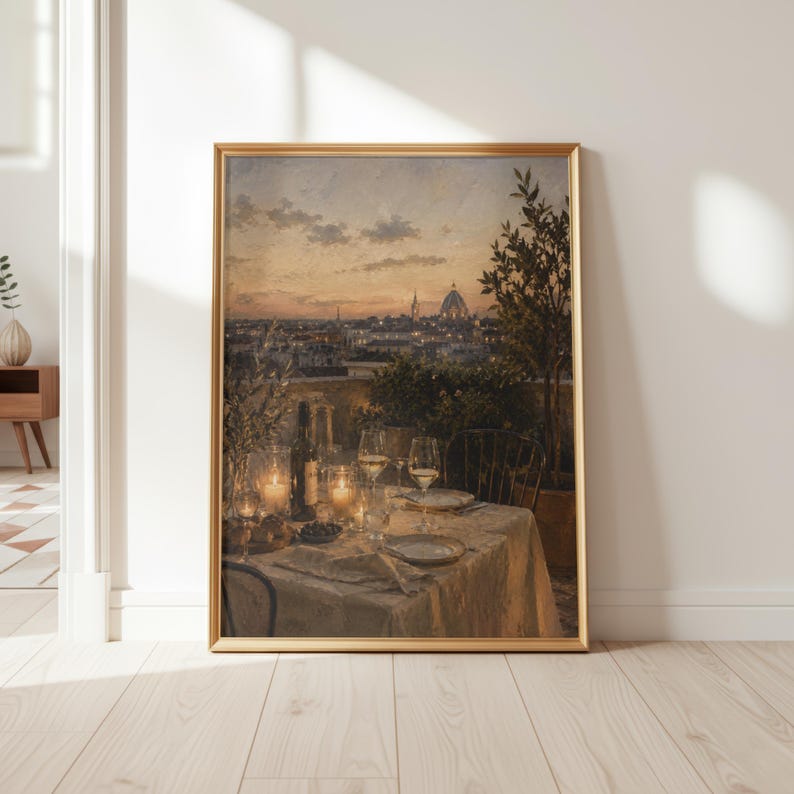 Italian Kitchen Wall Art, Rooftop Dinner Poster, Romantic Europe Print, Tuscany Inspired Decor imagem 3