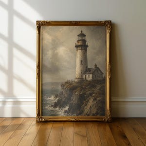 Vintage Lighthouse Poster, Coastal Nautical Wall Art, Antique Maritime Print, Weathered Lighthouse Painting image 12