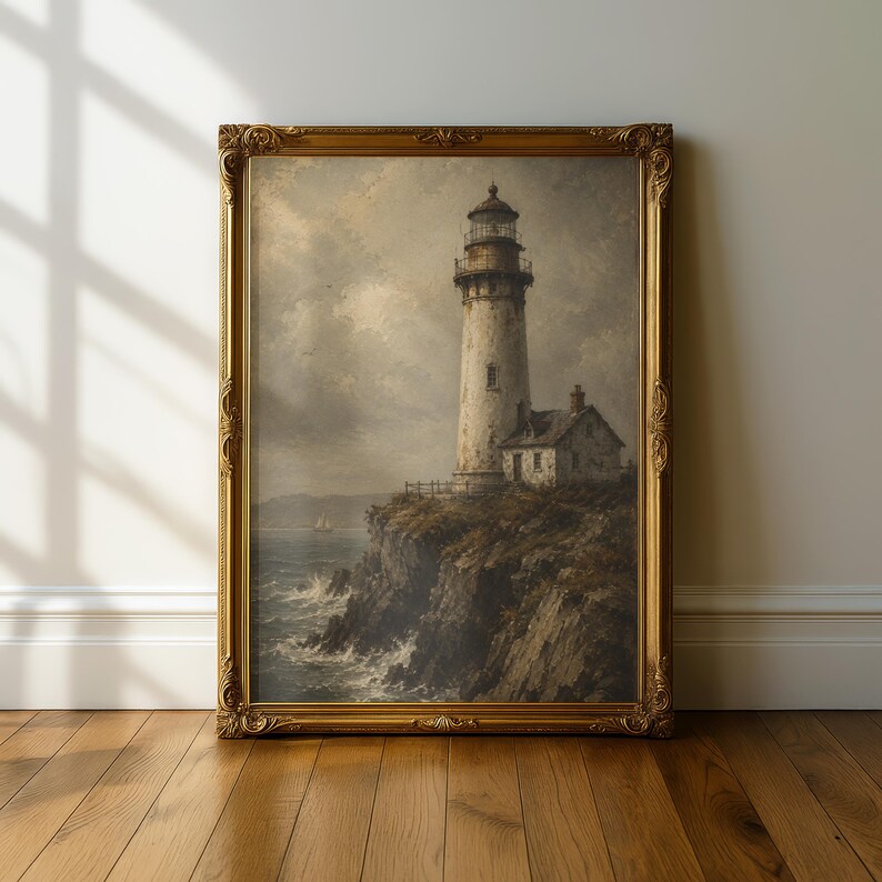 Vintage Lighthouse Poster, Coastal Nautical Wall Art, Antique Maritime Print, Weathered Lighthouse Painting image 12