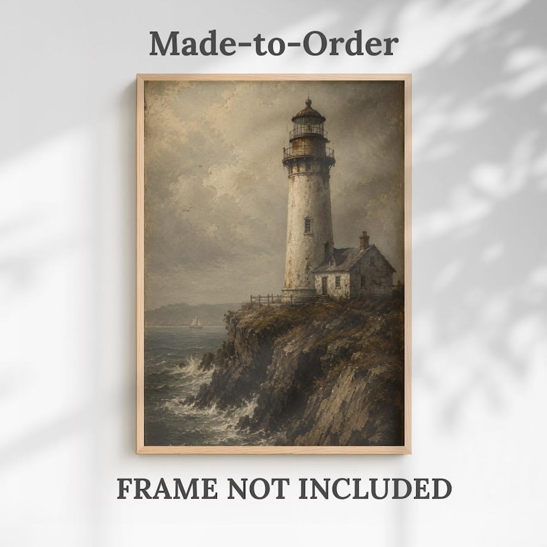 May include: A vertical wall art print featuring a lighthouse on a rocky cliff overlooking a turbulent ocean under a cloudy sky. The text Made-to-Order appears above the image, and the text FRAME NOT INCLUDED appears below the image.