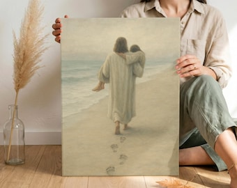 Quadro em tela com Jesus carregando uma pessoa: Pegadas na areia - Decoração cristã