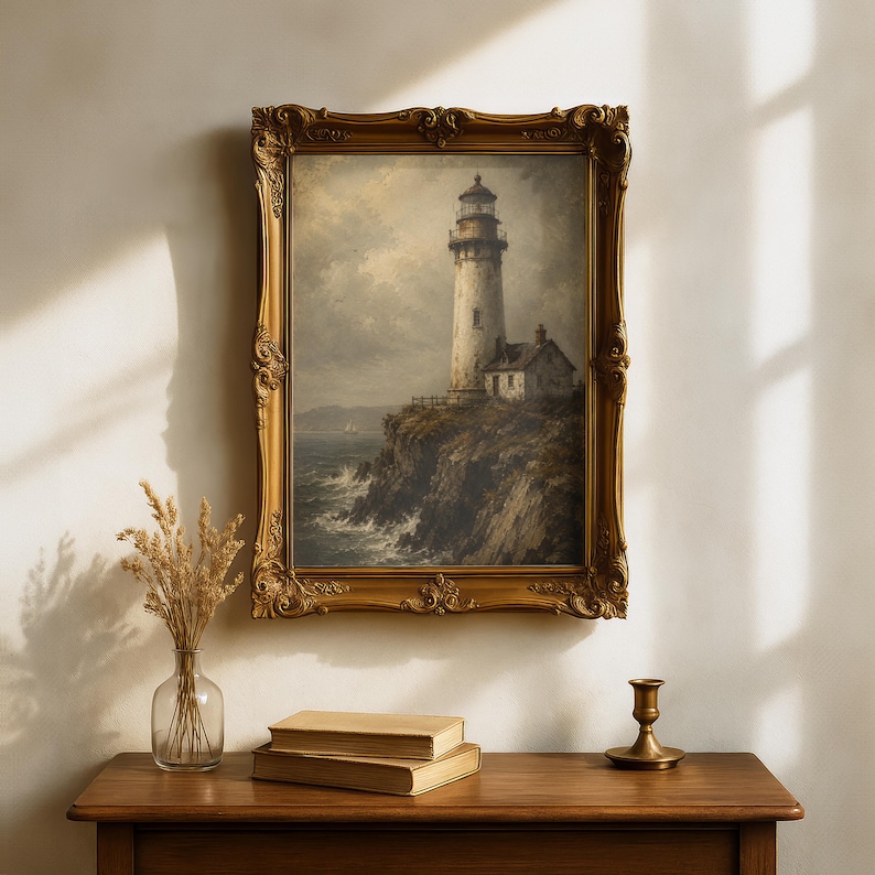 Vintage Lighthouse Poster, Coastal Nautical Wall Art, Antique Maritime Print, Weathered Lighthouse Painting image 14