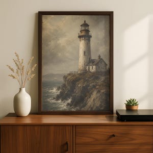 Vintage Lighthouse Poster, Coastal Nautical Wall Art, Antique Maritime Print, Weathered Lighthouse Painting image 7
