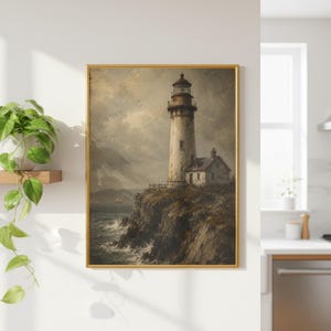 Vintage Lighthouse Poster, Coastal Nautical Wall Art, Antique Maritime Print, Weathered Lighthouse Painting image 3