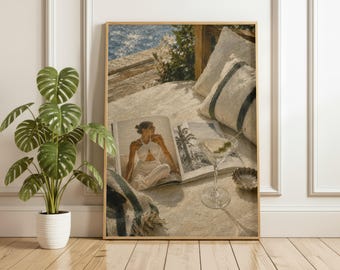 Download digital de Martini Costeiro de Luxo | Arte de Parede Inspirada na Moda Praiana | Impressão em Tons Neutros com Tema Costeiro
