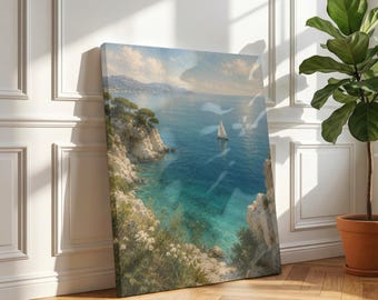 Mediterranean Sailboat Canvas Art | Coastal Ocean Seascape Wall Decor