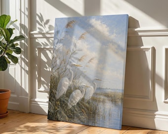 Egret Canvas Art | Coastal Marsh Bird Painting, Beach House Decor