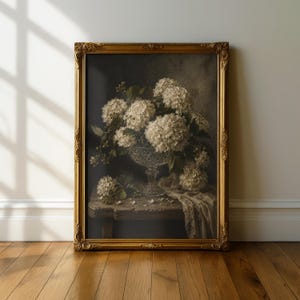White Hydrangea Still Life Print | Moody Floral Artwork, Dark Cottagecore Decor
