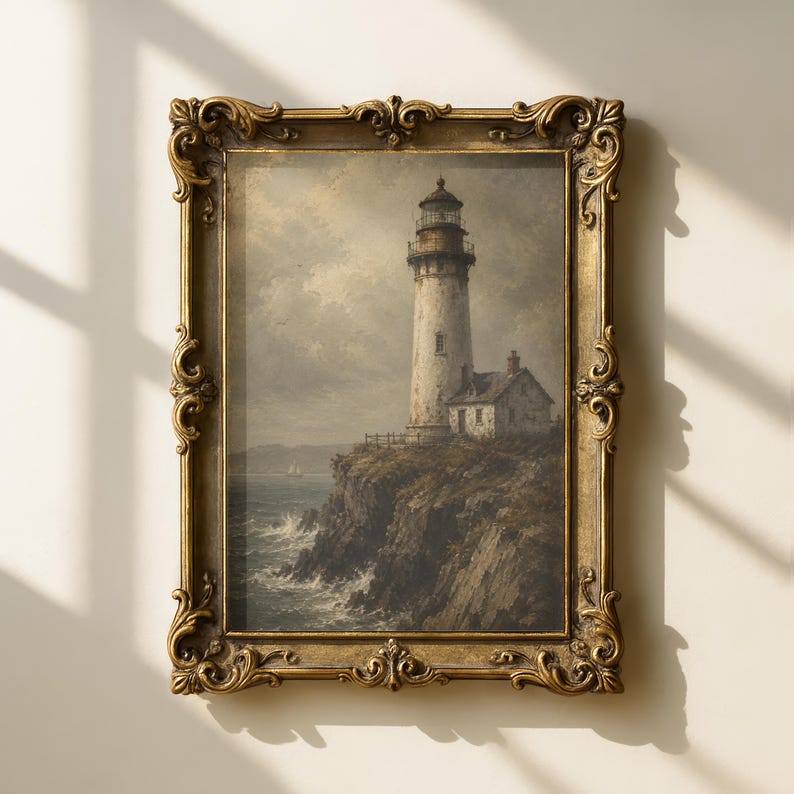 Vintage Lighthouse Poster, Coastal Nautical Wall Art, Antique Maritime Print, Weathered Lighthouse Painting image 11