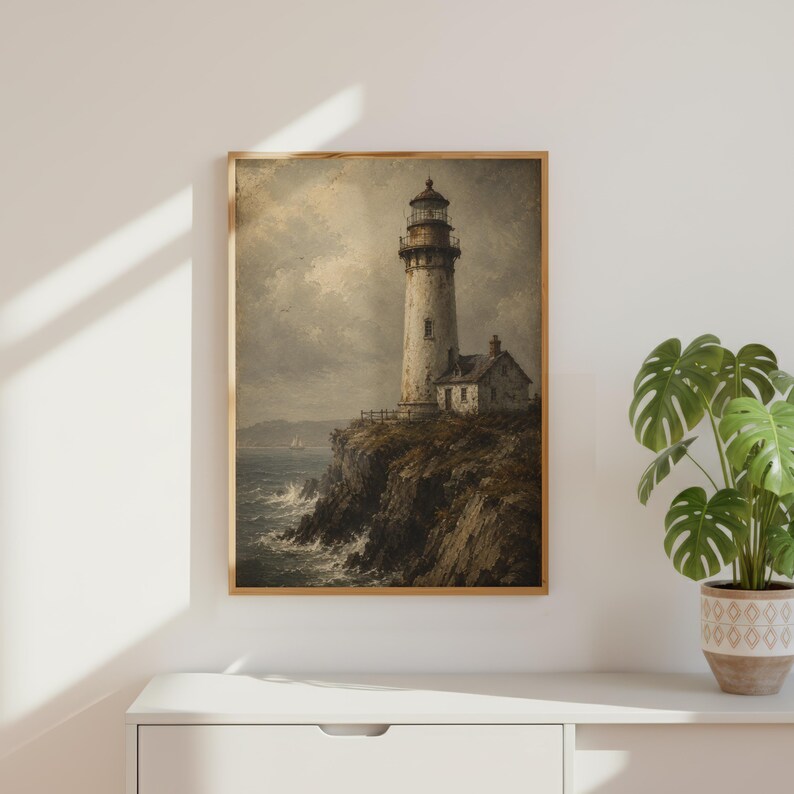 Vintage Lighthouse Poster, Coastal Nautical Wall Art, Antique Maritime Print, Weathered Lighthouse Painting image 13