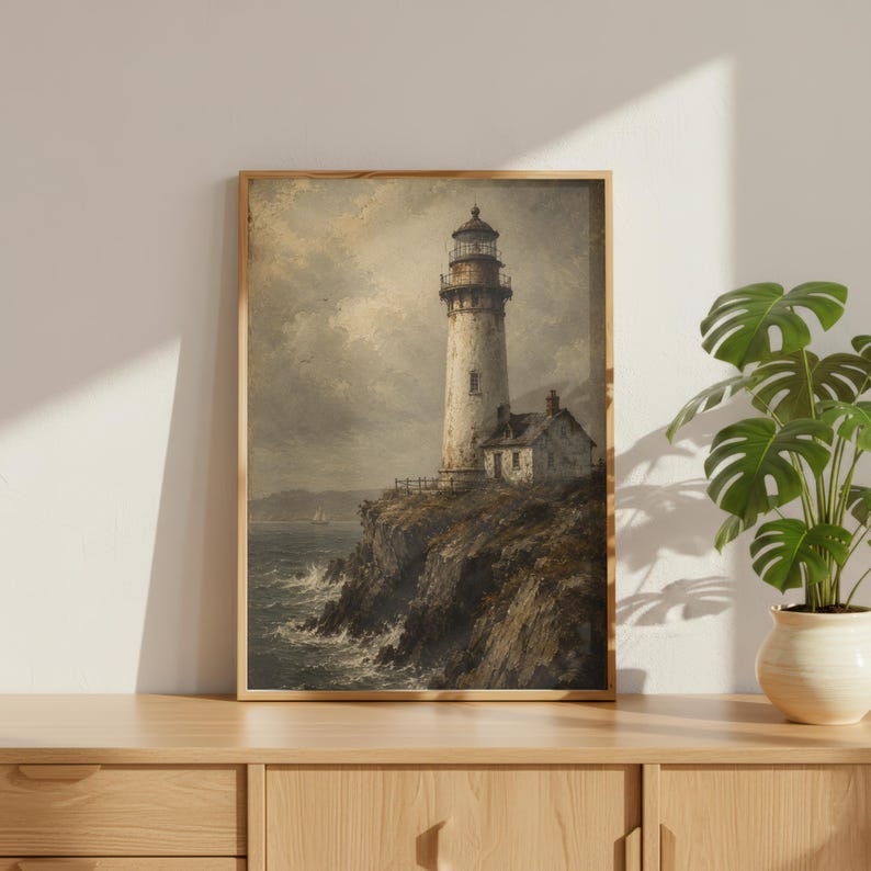 Vintage Lighthouse Poster, Coastal Nautical Wall Art, Antique Maritime Print, Weathered Lighthouse Painting image 6