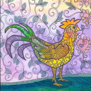 May include: A colorful rooster with intricate patterns and swirls in shades of green, yellow, and orange. The rooster is standing on a green surface with a purple and blue background.