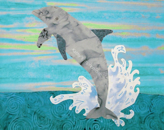 DOLPHIN Splashing Ocean Water Beach Fabric Panel Quilt Square Turquoise Green Blue or Coral