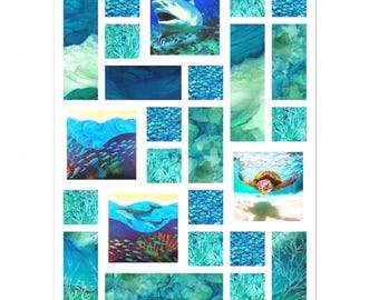 Under the Sea Beach Tiles Kit Fabric Pattern Baby Quilt Boys Blanket Wall Hanging 37" x 49"~ Tropical Fish Sea Turtle Whales Shark