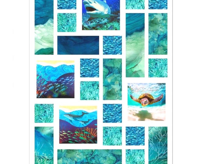 Under the Sea Beach Tiles Kit Fabric Pattern Baby Quilt Boys Blanket Wall Hanging 37" x 49"~ Tropical Fish Sea Turtle Whales Shark