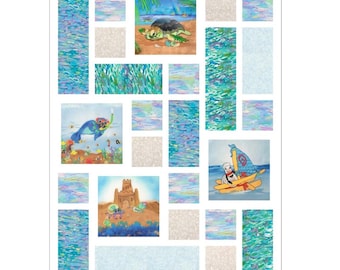 Kids Beach Tiles Quilt Kit #2 Modern Tropical Baby Toddler Girls Boys 37" x 49"~ Sailing Seagull Sea Turtle Seal Sandcastle~ Fabric, Pattern