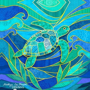 May include: A colorful stained glass style illustration of a sea turtle swimming in the ocean. The turtle is blue, green, and yellow. The ocean is blue and green with waves. The background is a mix of blue, green, and yellow.