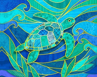 Stained Glass Sea Turtle Swimming Vivid Green Blue Ocean Fabric Quilt Square Panel Block Seaside Coastal Tropical