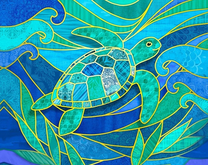 Stained Glass Sea Turtle Swimming Vivid Green Blue Ocean Fabric Quilt Square Panel Block Seaside Coastal Tropical