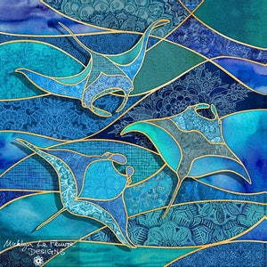 MANTA RAYS Ocean Fabric Quilt Square Panel Stained Glass Blue Green Watercolors Tropical Coastal Beach Hawaii Patchwork