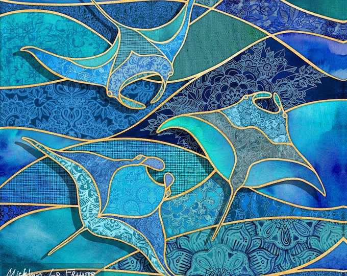 MANTA RAYS Ocean Fabric Quilt Square Panel Stained Glass Blue Green Watercolors Tropical Coastal Beach Hawaii Patchwork