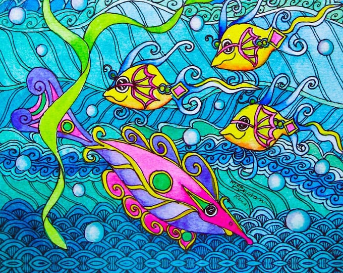 Tropical FISH Fabric Pink Yellow Under The Sea Girls Quilt Panel Water Bubbles Waves Blue Ocean Whimsical Fantasy