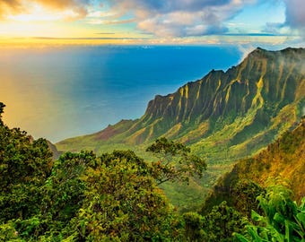 Na Pali Coast Sunset Mountains Turquoise Ocean Fabric Panel Kalalau Overlook Kauai Hawaii