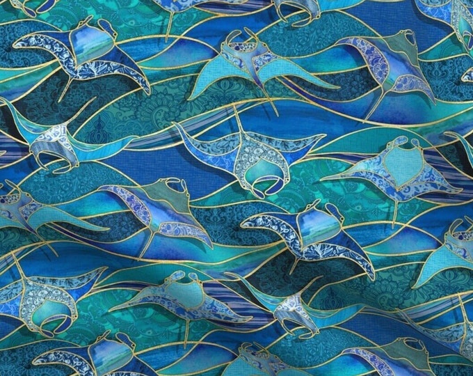 Aqua Turquoise Blue MANTA RAYS Ocean Stained Glass Watercolors Fabric Panel~ Tropical Blue Green Fabric Manta Ray Coastal Beach Fat Quarter