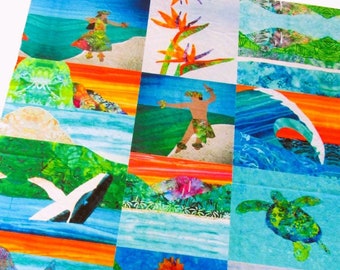 SALE Hawaiian Beach Fabric MINKY Wholecloth Quilt Top Tropical Sea Turtle Hula Dancer Bird of Paradise Mermaid Ocean Wave Humpback Whale