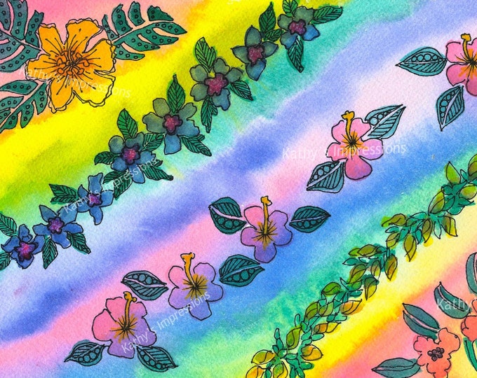 RAINBOW LEI Fabric Quilt Square Fat Quarter Flowers Tropical Paradise Hawaii Coastal ~ Hawaiian Flowers Rainbow Lei Fabric Panel